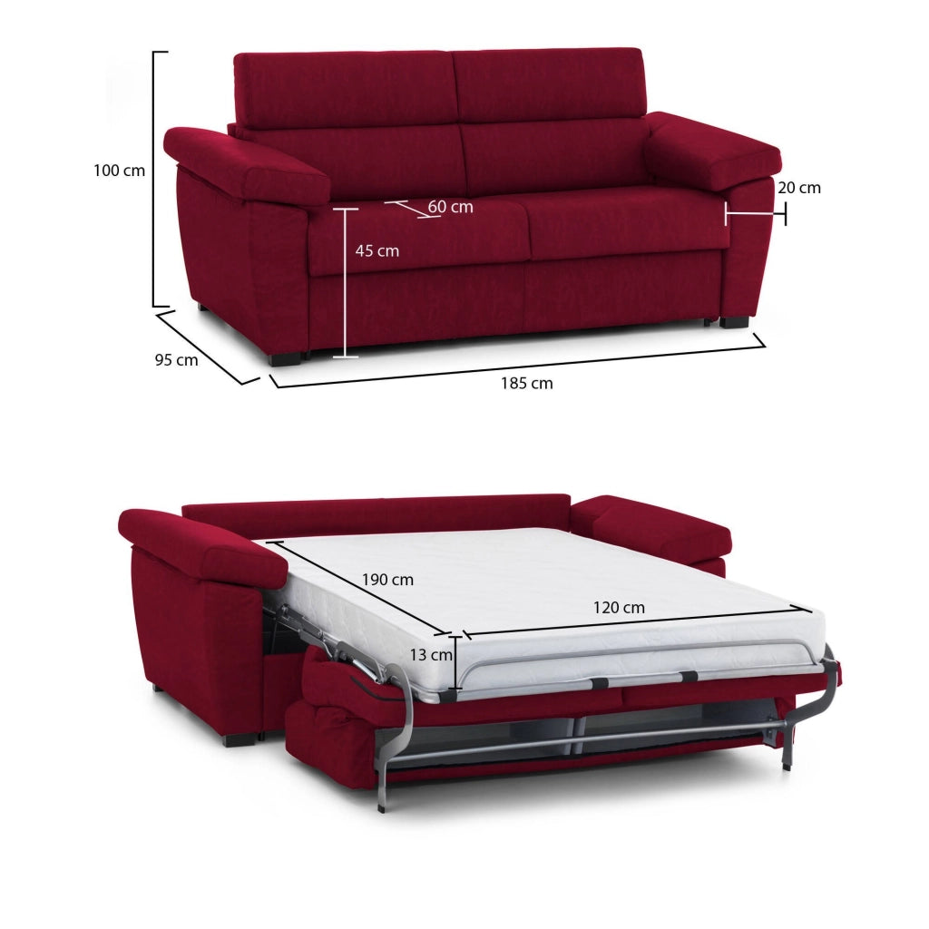 Seui, Divano Letto 2 Posti Sfoderabile Made in Italy, 185x95 cm Rosso