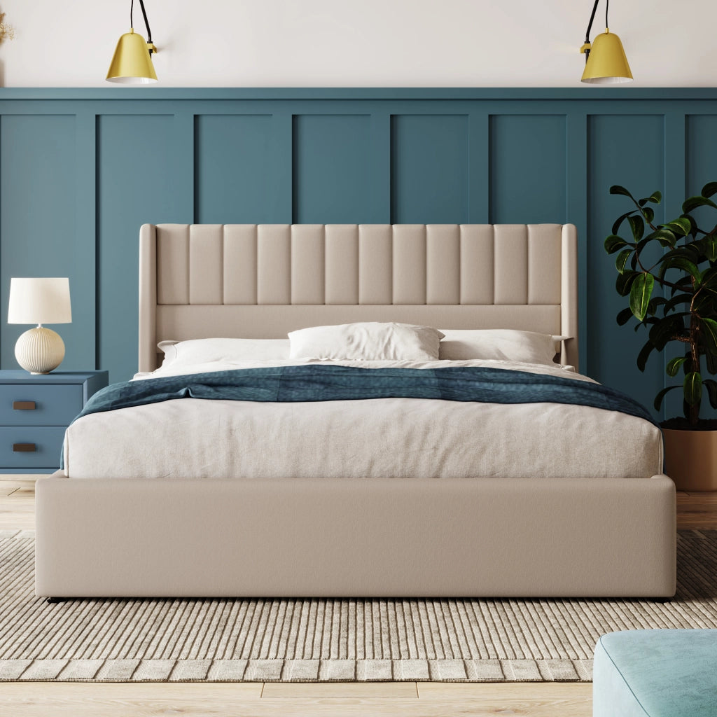 LETTO Contenitore idraulico 160x200 cm Beige in lino