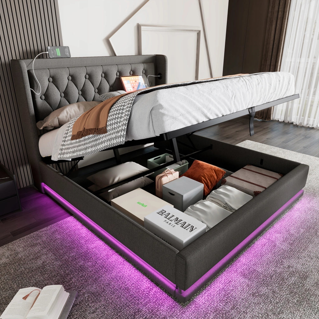 Letto imbottito 140x200 grigio - Xylo - Idraulico, LED, USB-C
