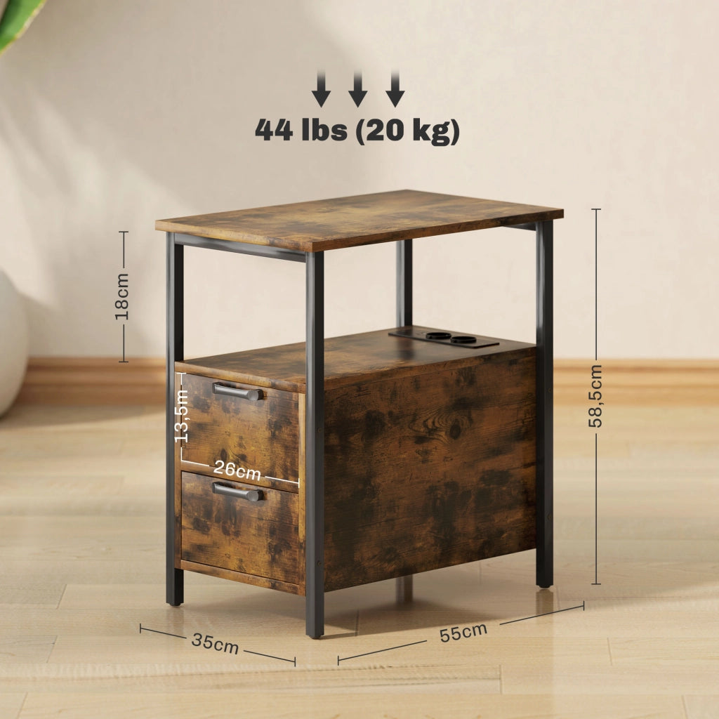 TAVOLINO Laterale 55x35x58,5 cm Marrone con 2 cassetti e prese integrate