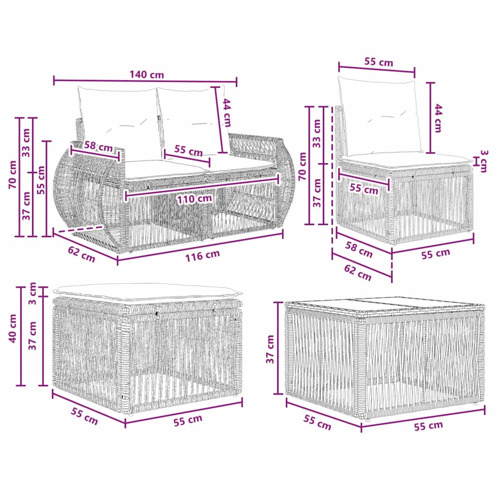 Set Divano da Giardino 5 pz Nero e Bianco Crema polyrattan 3435400