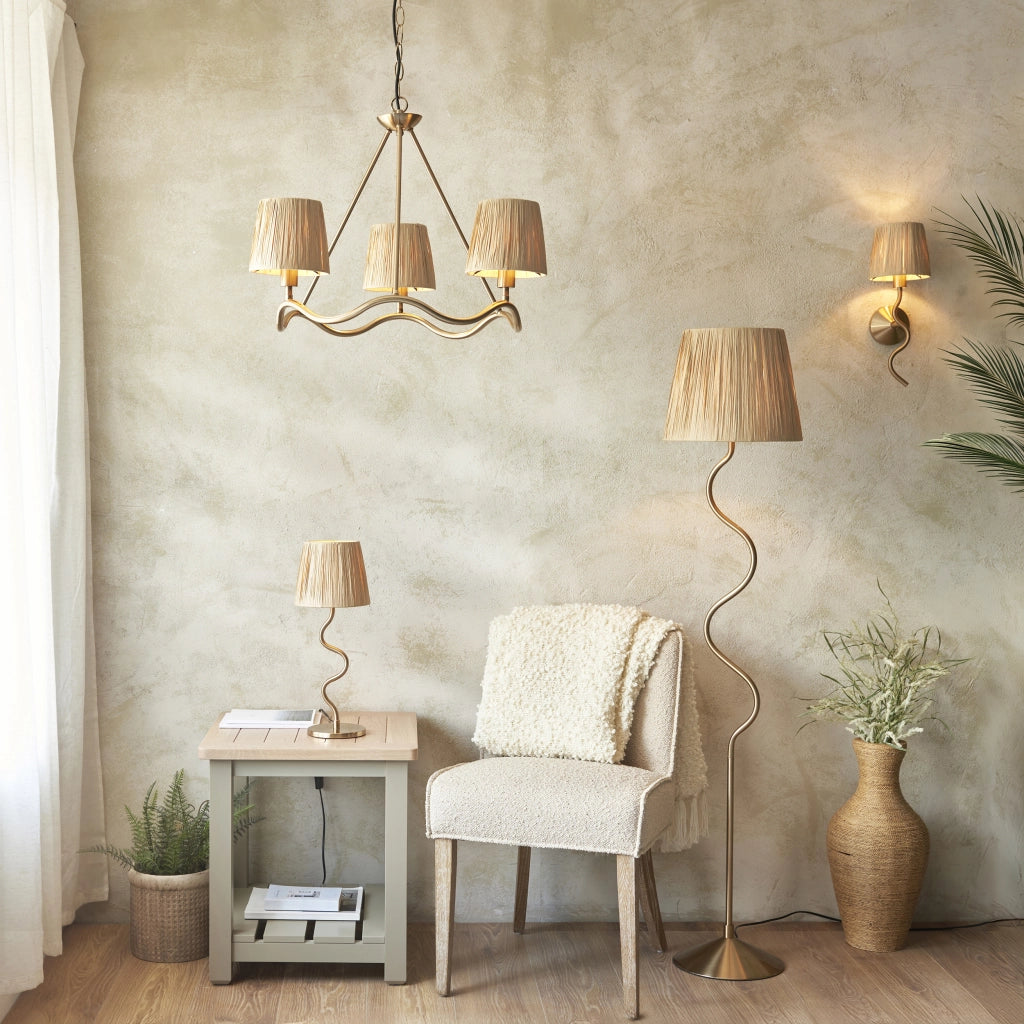 Lampada da terra Wriggle boho ottone e rafia 3 luci E14