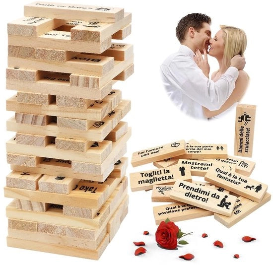 Torrino a Stacking 48 Blocchi in Legno - Giochi per Coppie - San Valentino - Blocchi in Legno - Incluso Manuale di Istruzioni