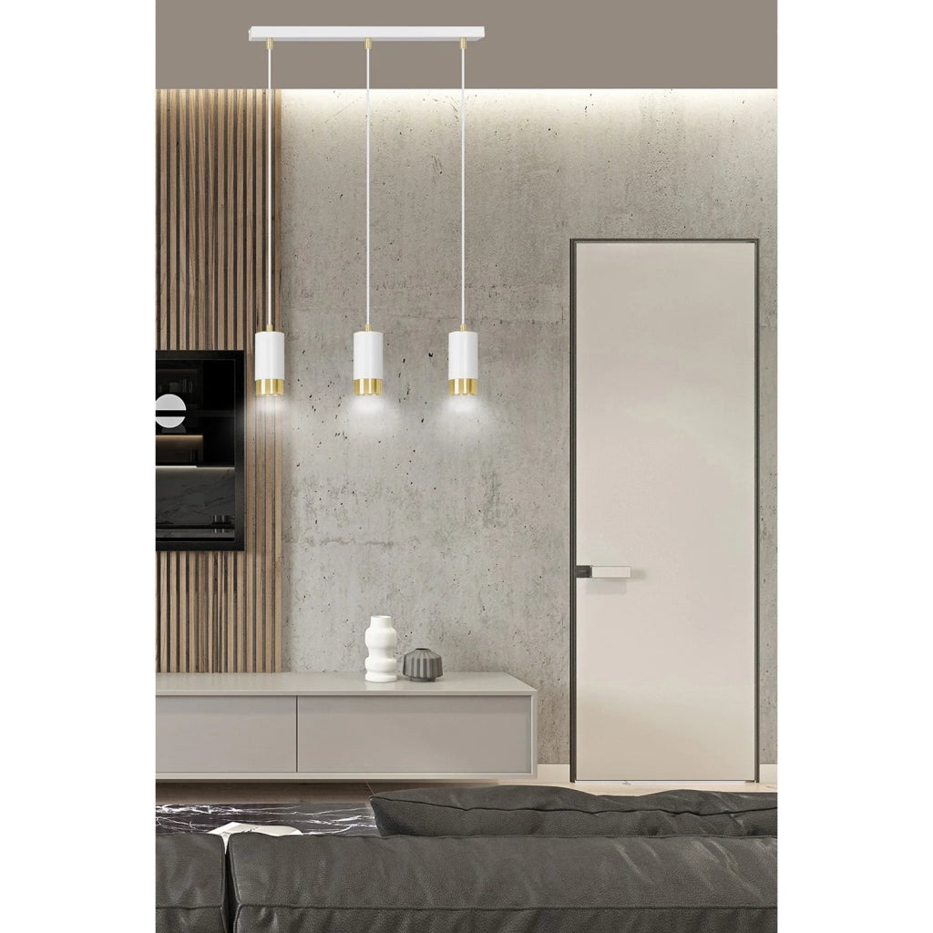 Lampadario 3 Luci Ivar Con Cilindri In Acciaio Bianco E Oro