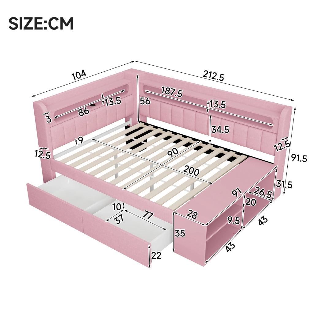 Divano letto imbottito 90x200cm - Zephmum- USB, LED, con scarpiera e 2 cassetti, Rosa