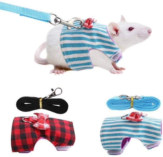 Abbigliamento per conigli e hamsters - cintura con corda - taglia XS - 100% nuovo - tessuto - design rosso/blu - harnas per animali domestici