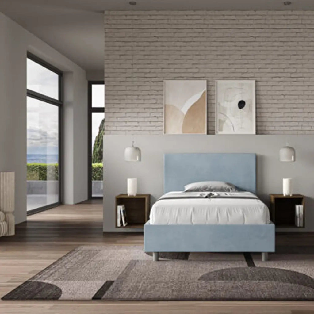 Letto una piazza e mezza senza rete imbottito 120x190 microfibra azzurro Adele
