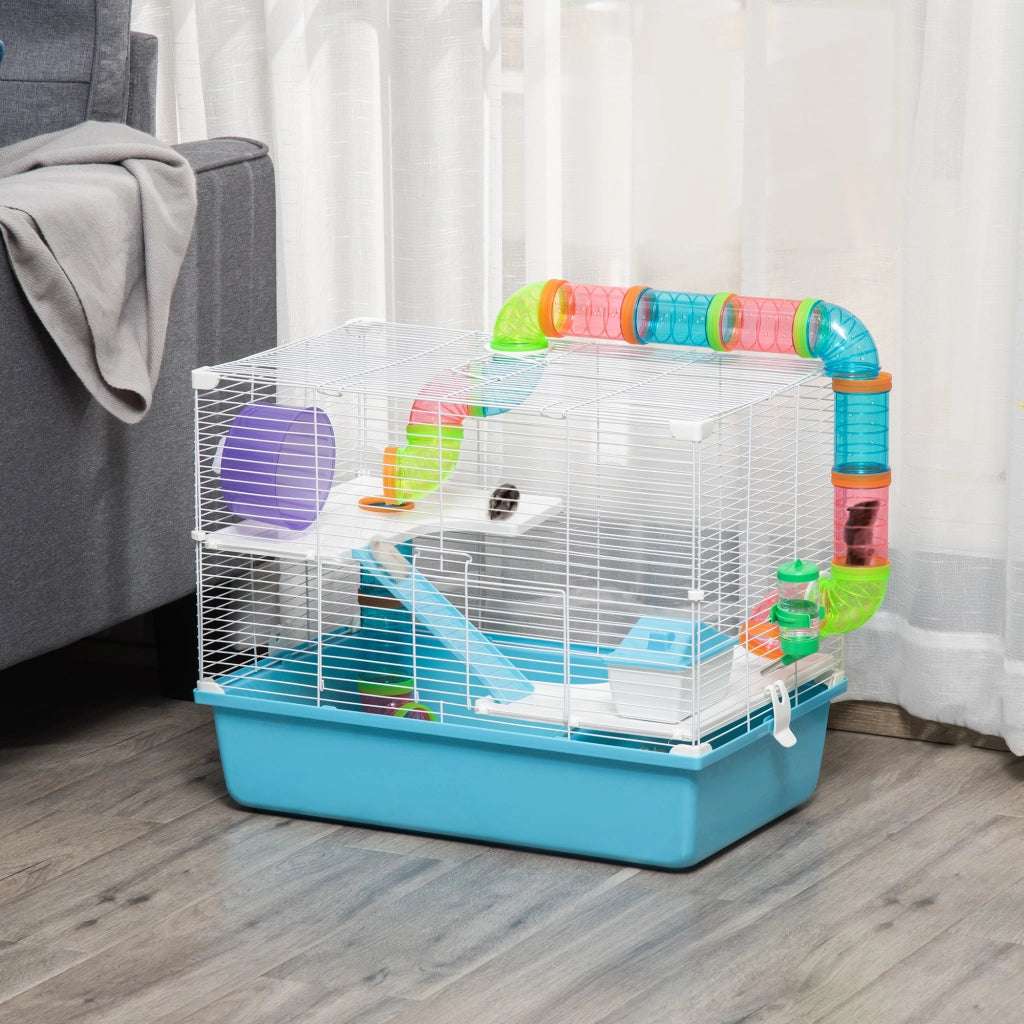 Casetta per Criceti a 3 Livelli con Tubi e Ruota ¨C Minimal ¨C 59x36x47 cm