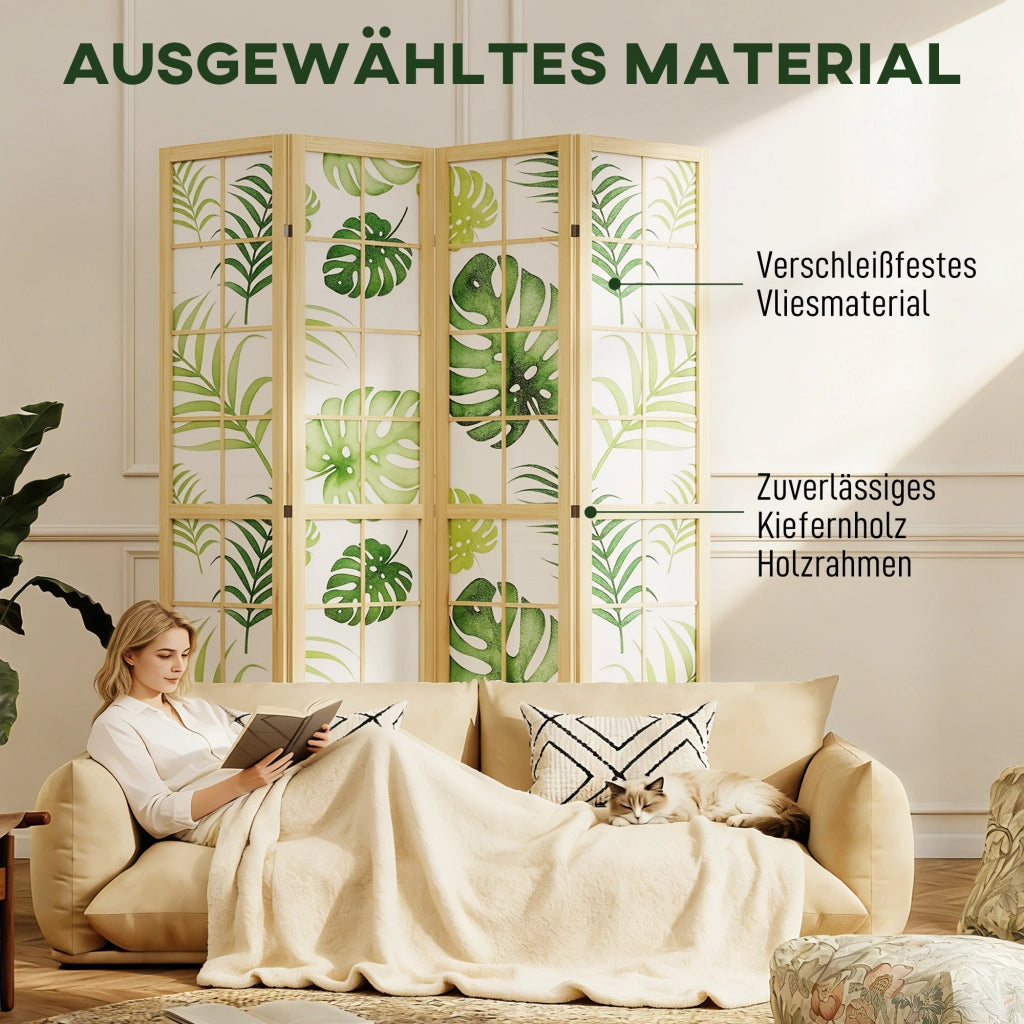 Paravento pieghevole 4 pannelli ¨C Xylo ¨C legno, design tropicale boho, verde