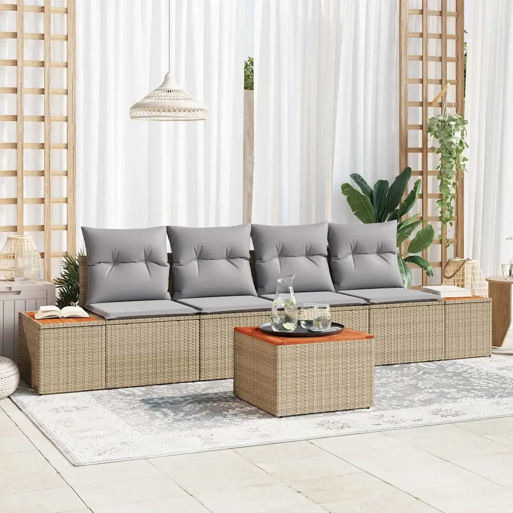 Set Divano da Giardino con cuscino 5 pcs Beige Poly Rattan