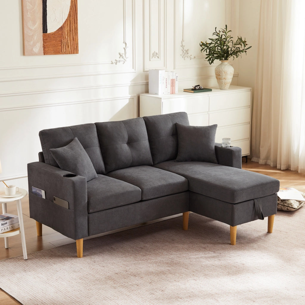 Divano Angolare 3 Posti con Chaise Longue e Contenitore ¨C MINIMAL ¨C con Cuscini e Portabicchieri