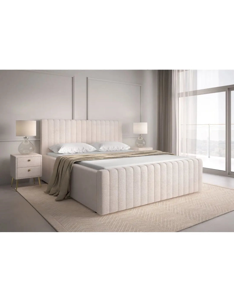 Letto matrimoniale ELORIA 160x200 in tessuto bouclé beige con testiera capitonnata