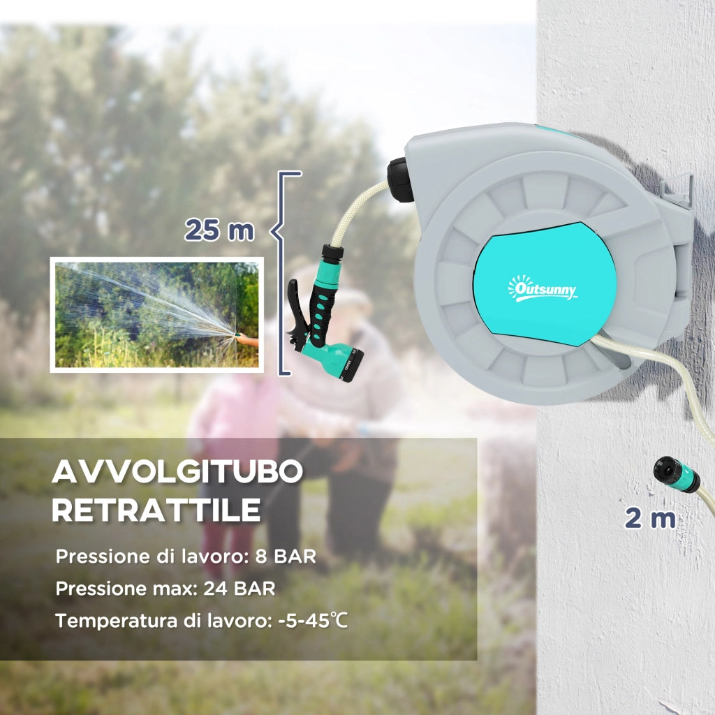 Avvolgitubo Automatico a Parete e Portatile Lunghezza 25+2 m, Sistema di Blocco e 7 Getti, Grigio