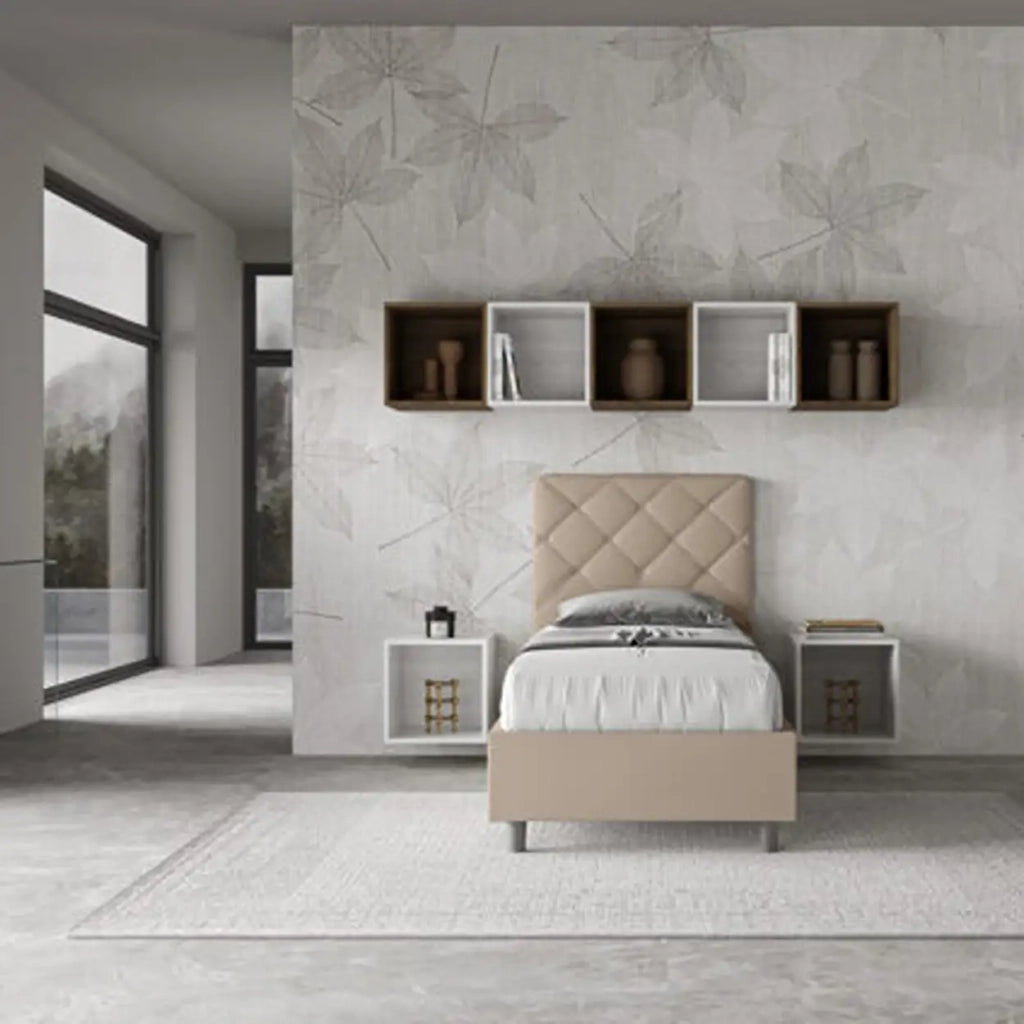 Letto singolo senza rete imbottito 90x190 similpelle tortora Priya