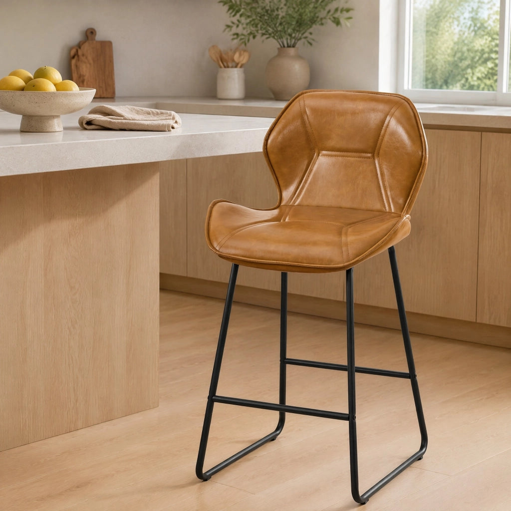 Sgabello da bar Set da 2 con Schienale ergonomico e Poggiapiedi, in Similpelle e Metallo, Marrone