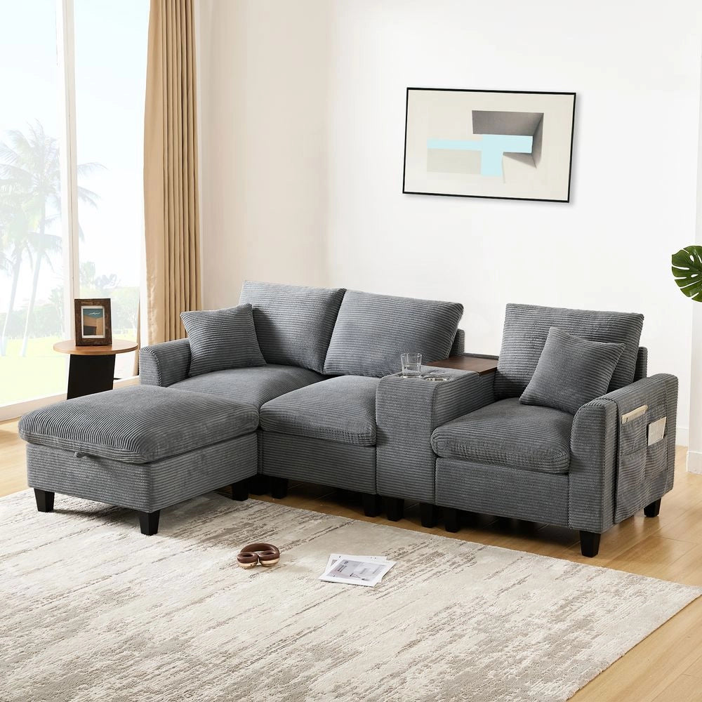 Divano angolare a L - Xylo - Velluto, console con USB, ripostiglio, grigio