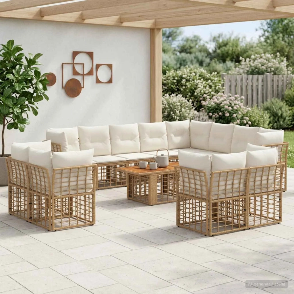 Set Divano da Giardino 13 pz Naturale e Bianco Crema polyrattan 3437932