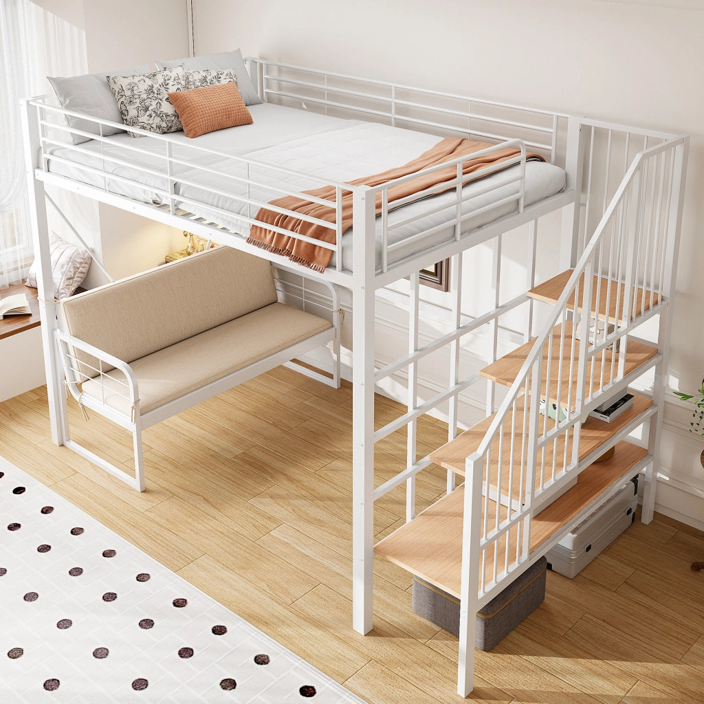 DESMIU Letto a castello 140 × 200 cm 3 posti con scala contenitore e divano sfoderabile, senza materasso, bianco