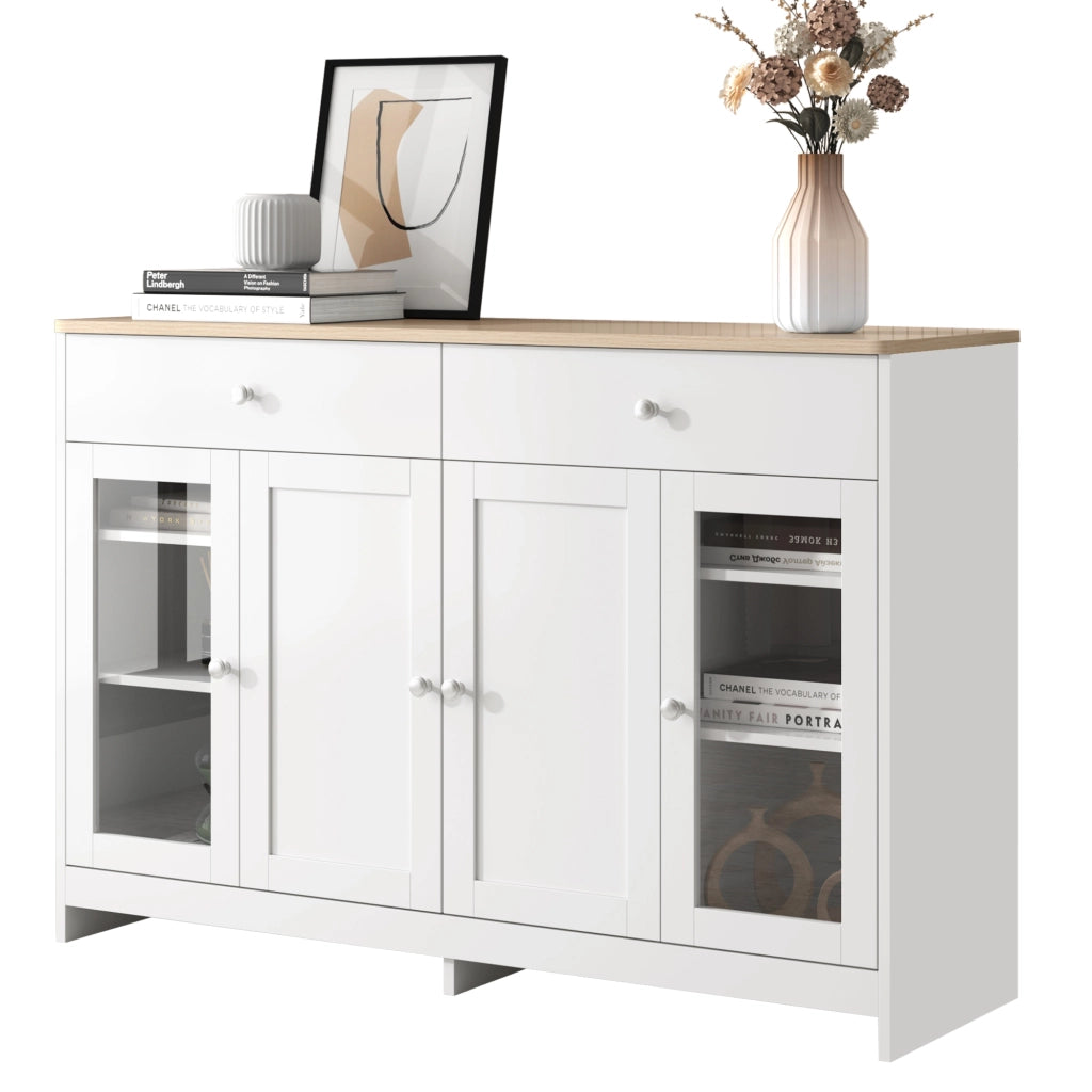 Credenza 4 Ante con Vetro e 2 Cassetti ¨C MINIMAL ¨C Legno e Bianco
