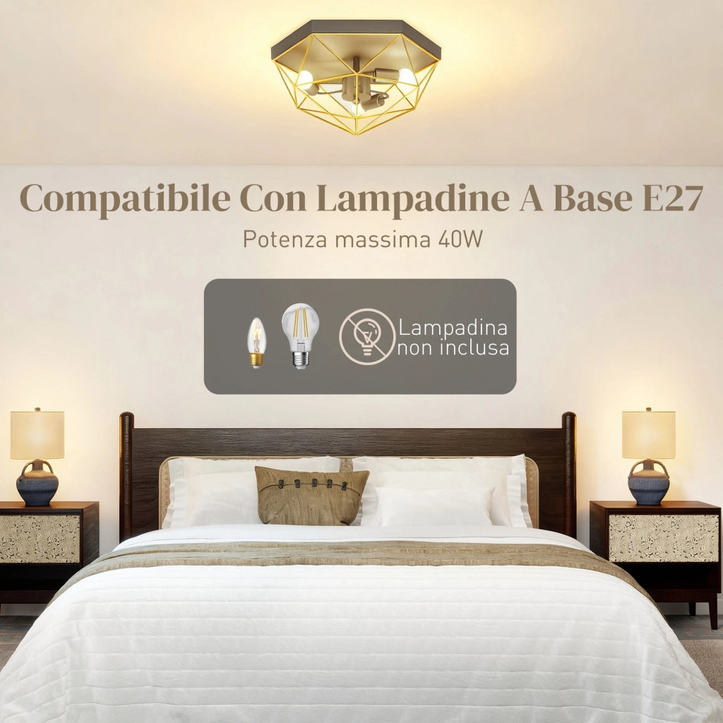 Lampada da Soffitto Industriale Geometrica a 3 Luci ¨C Minimal ¨C Nero e Oro