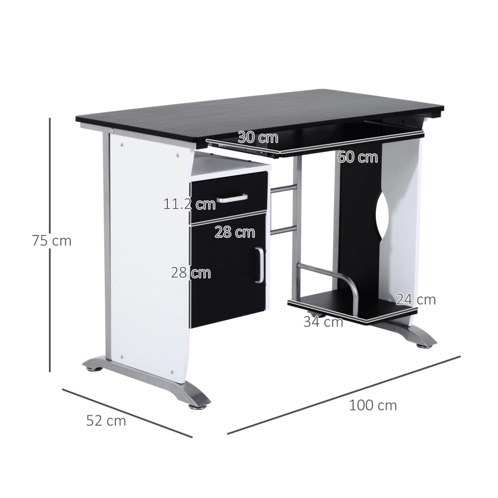 Scrivania per Computer con Ripiano, Cassetto e Armadietto ¨C Minimal ¨C Bianca e Nera, MDF e Ferro, 100x52x75 cm