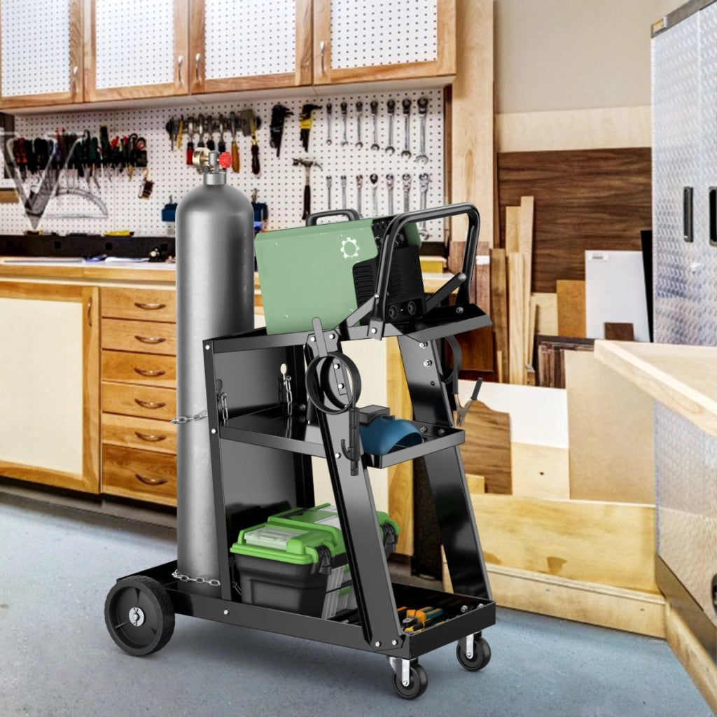 Carrello per saldatore con tavolo inclinabile e 4 ruote per serbatoio, Carrello da saldatura a 3 livelli con catene anti-ribaltamento Nero