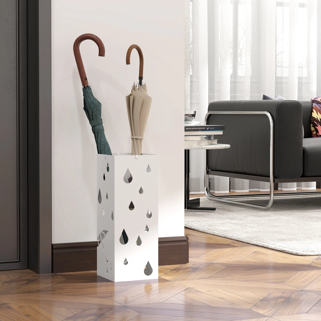 Portaombrelli in Acciaio con 4 Ganci e Bandeja di Gocciolamento ¨C zephmum ¨C Bianco 15.5x15.5x41 cm
