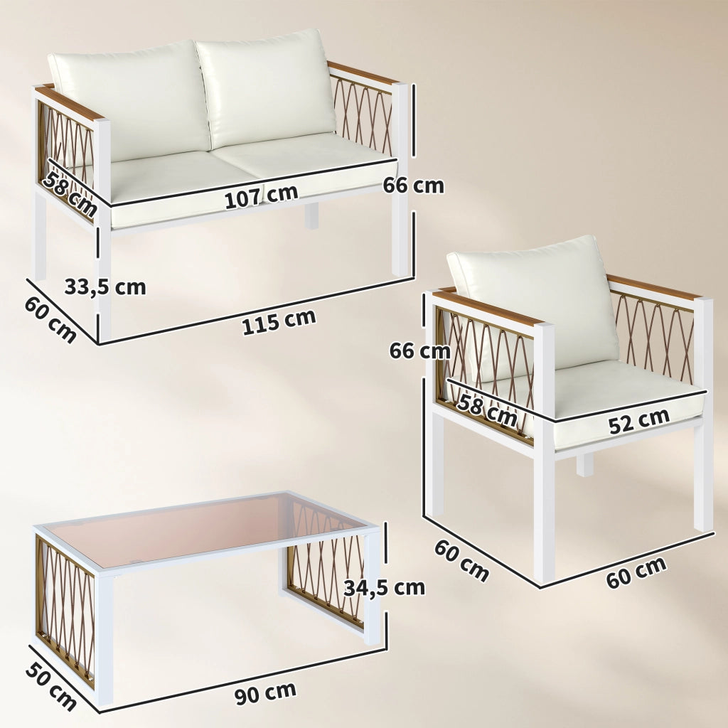 Set Lounge 4 Pezzi Polyrattan ¨C Minimal ¨C Grigio con Cuscini e Tavolino Vetro