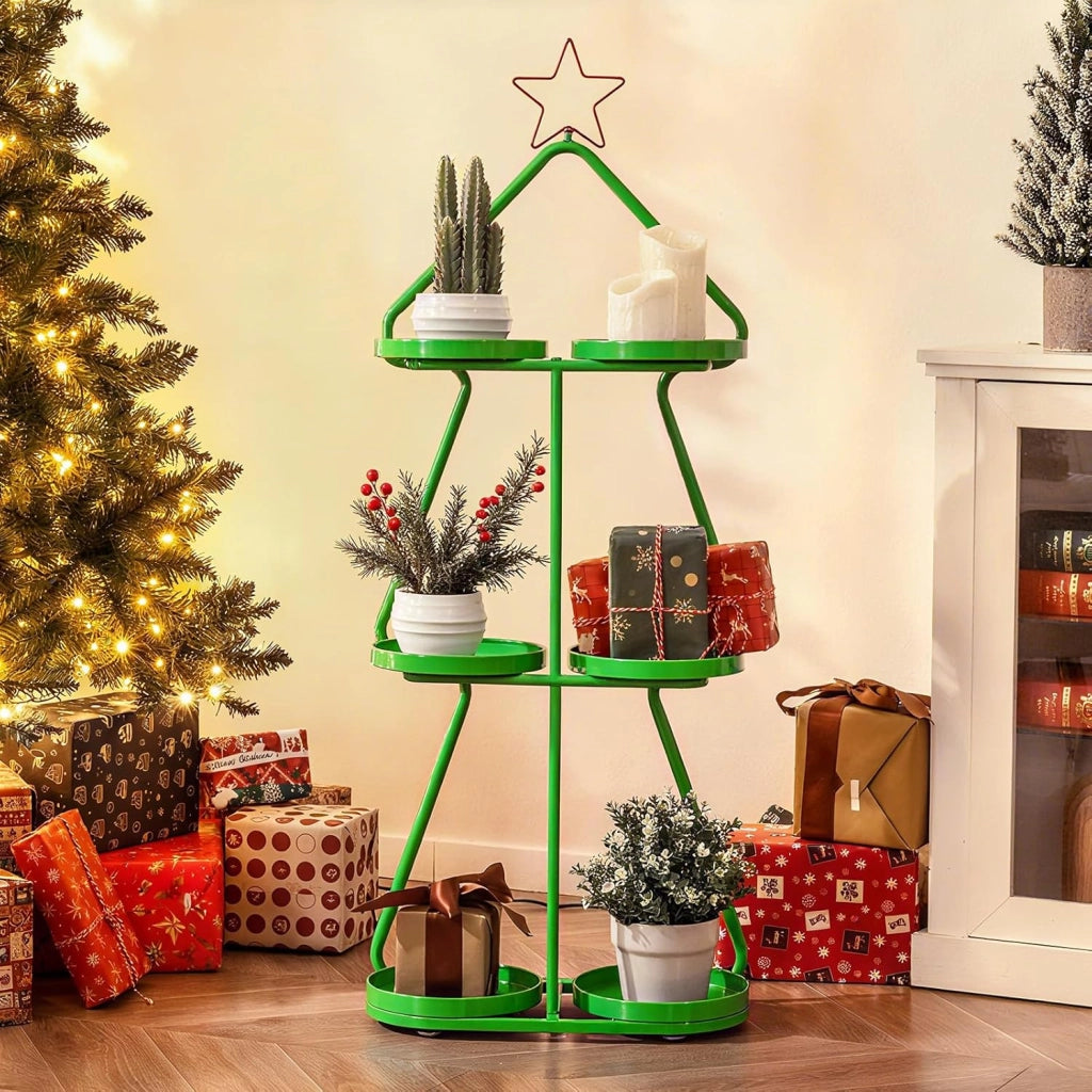 Porta Piante in Metallo, Supporto per Piante a 3 Livelli a Forma di Albero con Stella Rossa e Vassoi per Stoccaggio, Struttura in Metallo, Mensole Espositivo per Decorazioni Festive