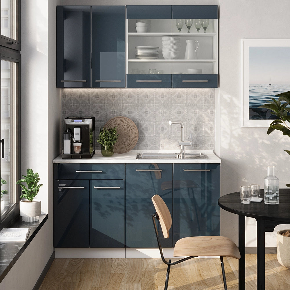 Mobili da cucina Fame-Line Blu scuro lucido/Bianco 140 cm, PL Antracite Vicco
