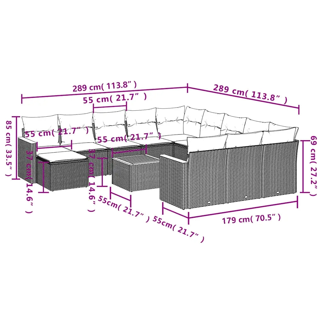 Set Divani da Giardino 13pz con Cuscini Nero in Polyrattan 3226588