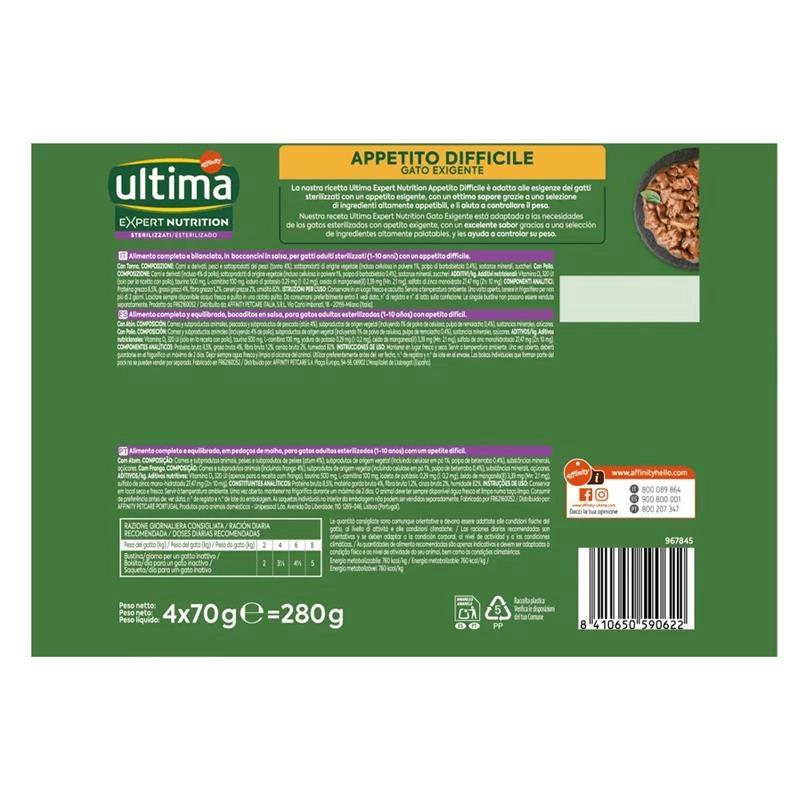ULTIMA CIBO UMIDO PER GATTO STERILIZZATO APPETITO DIFFICILE CON X2 TONNO E X2 POLLO 4 X 70 GR