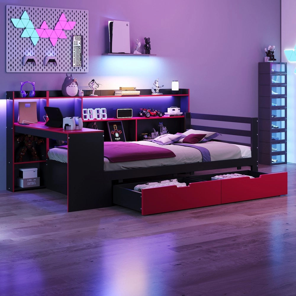 Letto a Soppalco con Scrivania, Scaffale, Cassetti e LED ¨C Xylo ¨C Legno Nero, 90x200