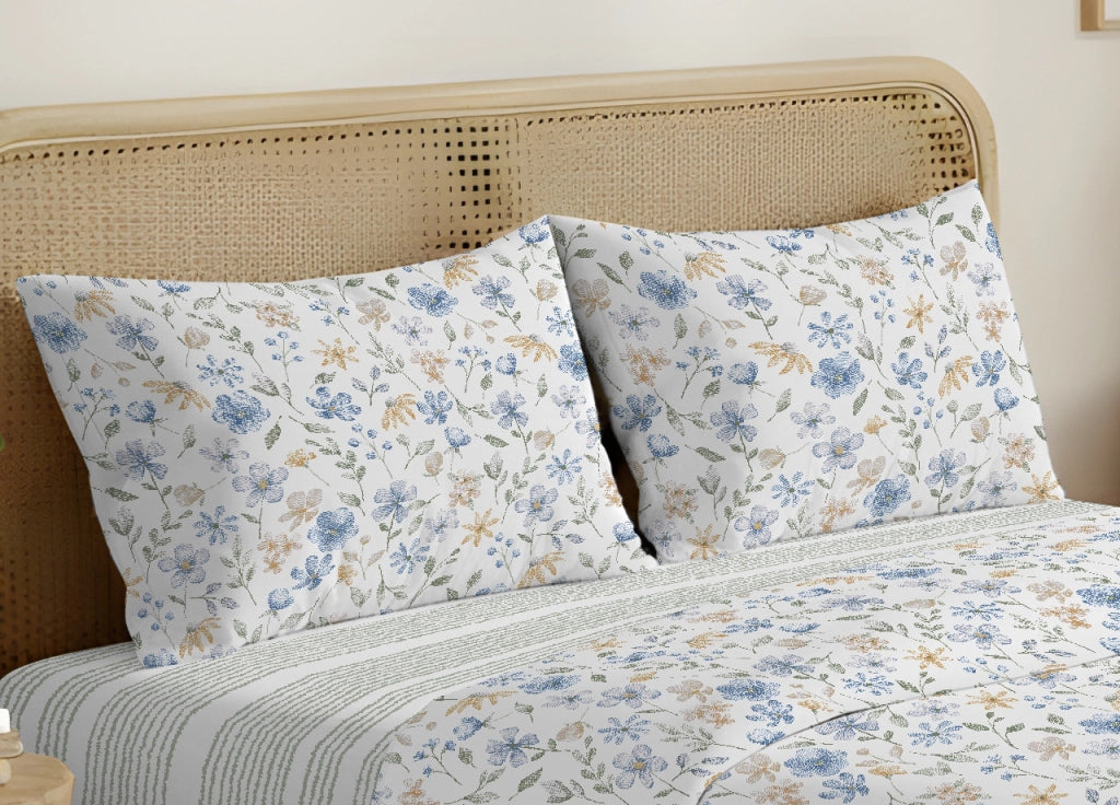 Coppia Federe Cuscino Letto Double Face 100% Cotone Disegno Primavera GI - Federe - Azzurro