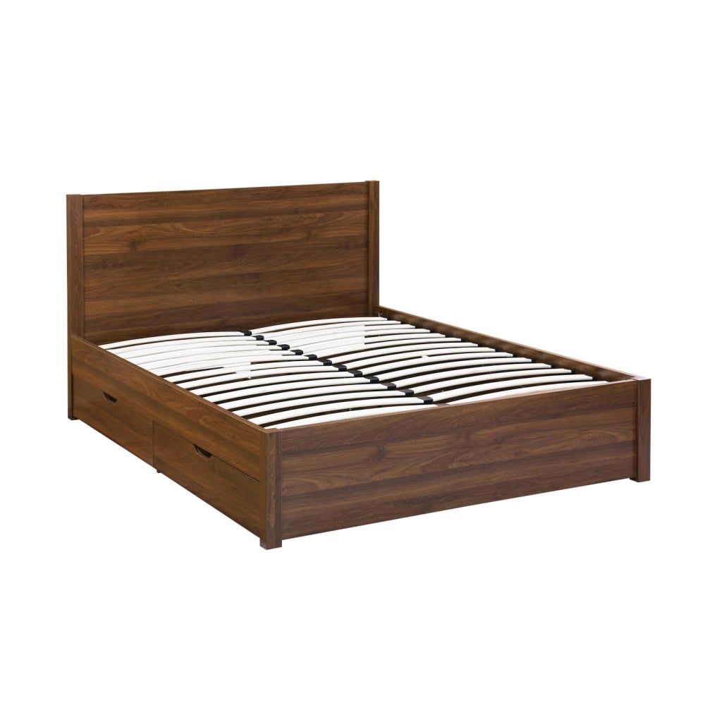 Letto con rete a doghe e testiera 160x200cm + 4 cassetti, noce