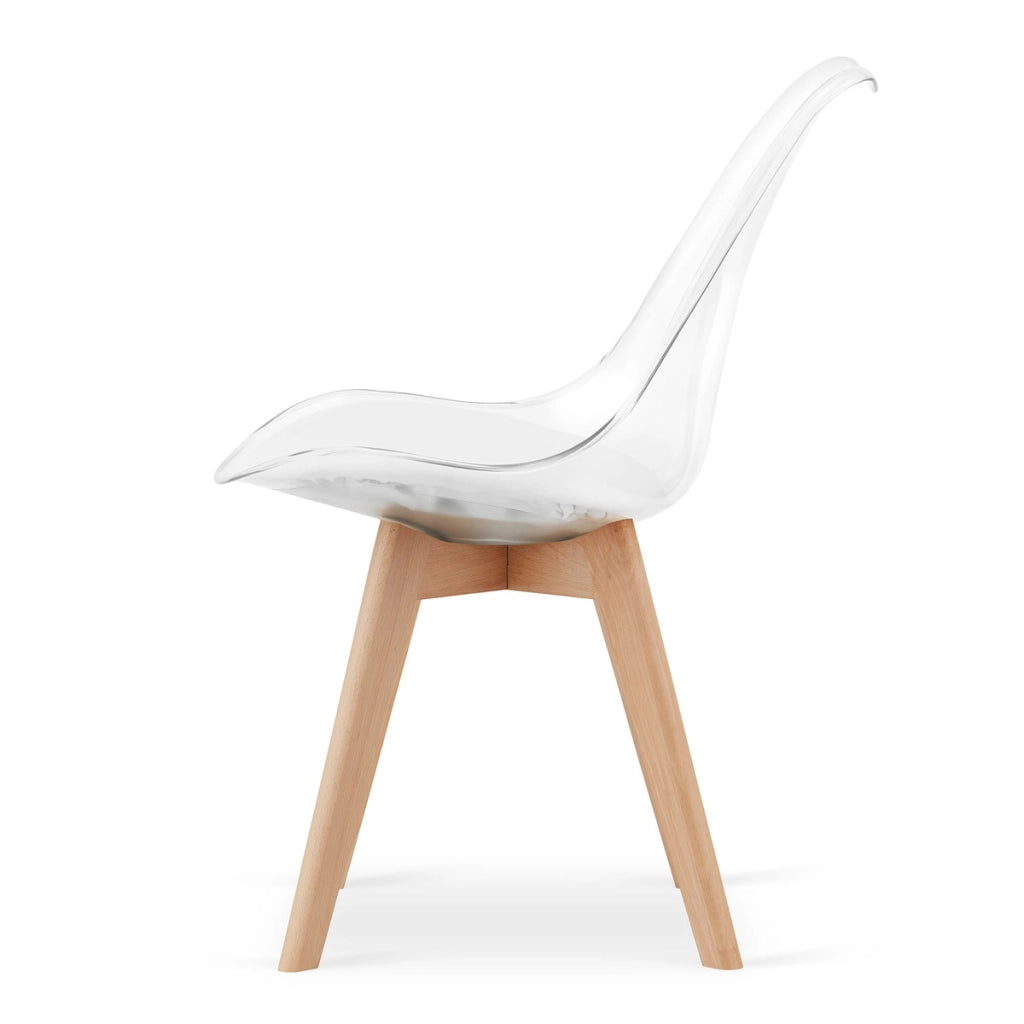 Sedia Mark trasparente con cuscino bianco e gambe in faggio