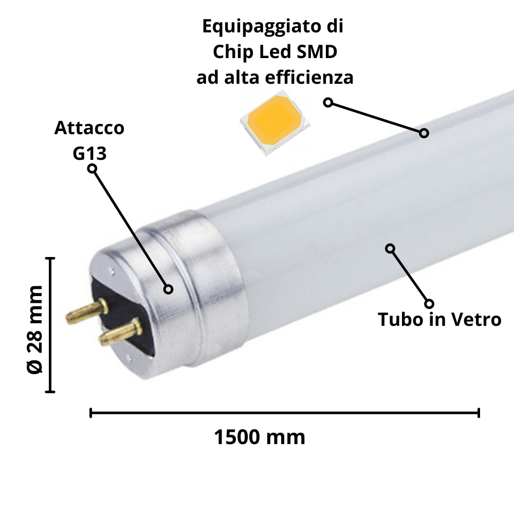 Tubo led t8 22watt 150 centimetri vetro attacco g13 risparmio energetico *** temperatura colore lampada 3000k bianco ...