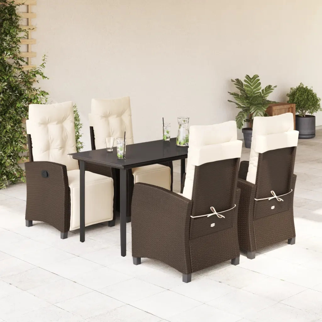 Set da Pranzo da Giardino 5pz con Cuscini in Polyrattan Marrone