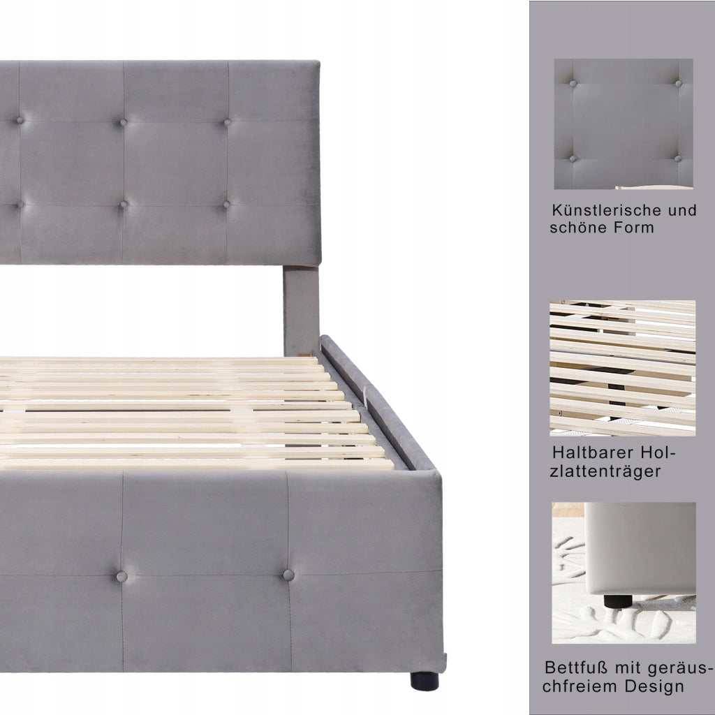 Letto imbottito 90x200 - Xylo - Grigio con cassetti e testiera regolabile