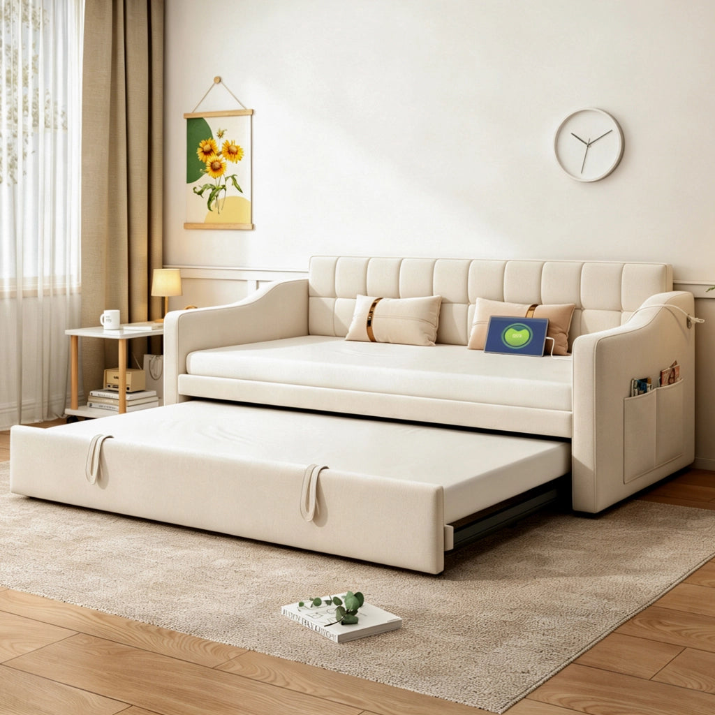 letto divano imbottito velluto beige 90 x 190 cm