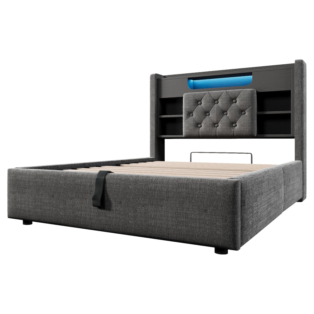 Letto singolo 90x200 cm con contenitore idraulico; LED e porte USB; in lino grigio