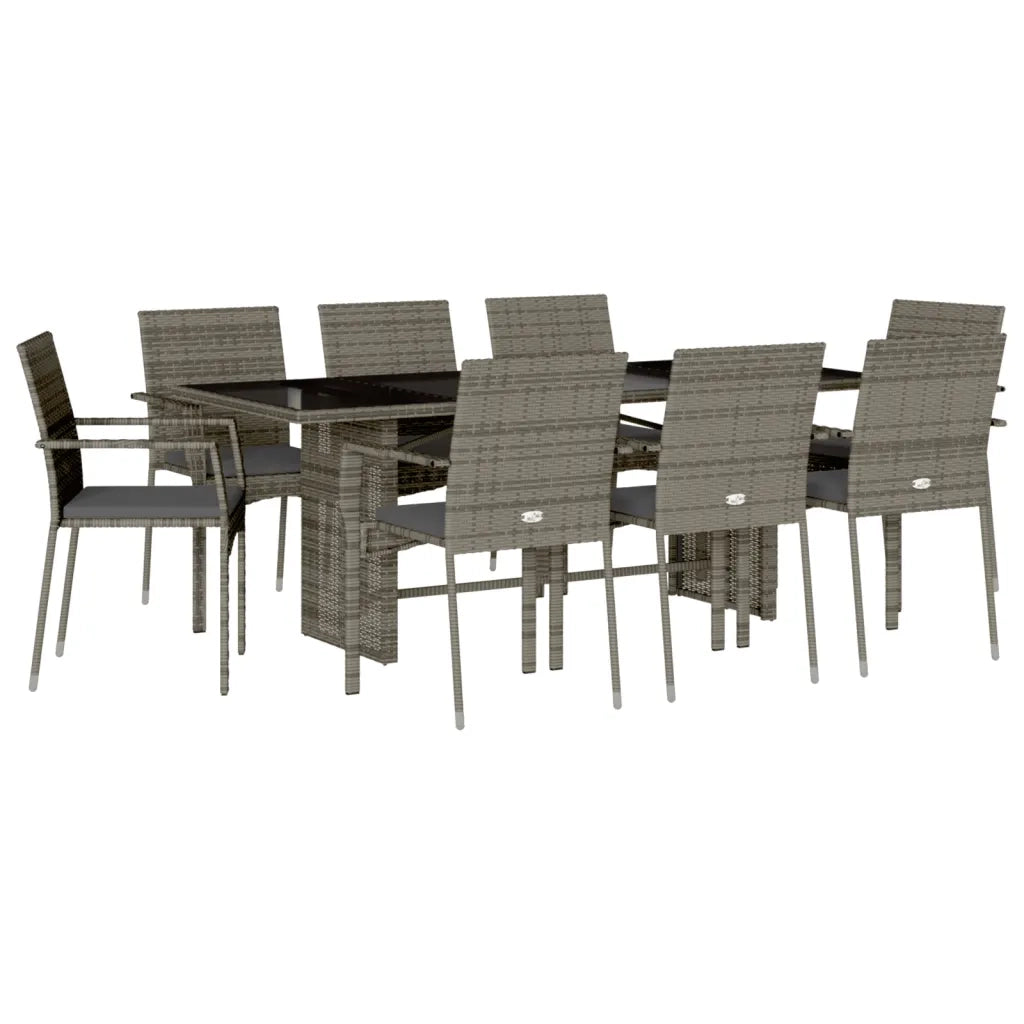 Set da Pranzo da Giardino 9 pz con Cuscini in Polyrattan Grigio