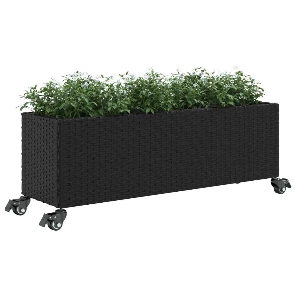Fioriera con Ruote e 3 Vasi Nera 107x32x38 cm in Polyrattan 366419