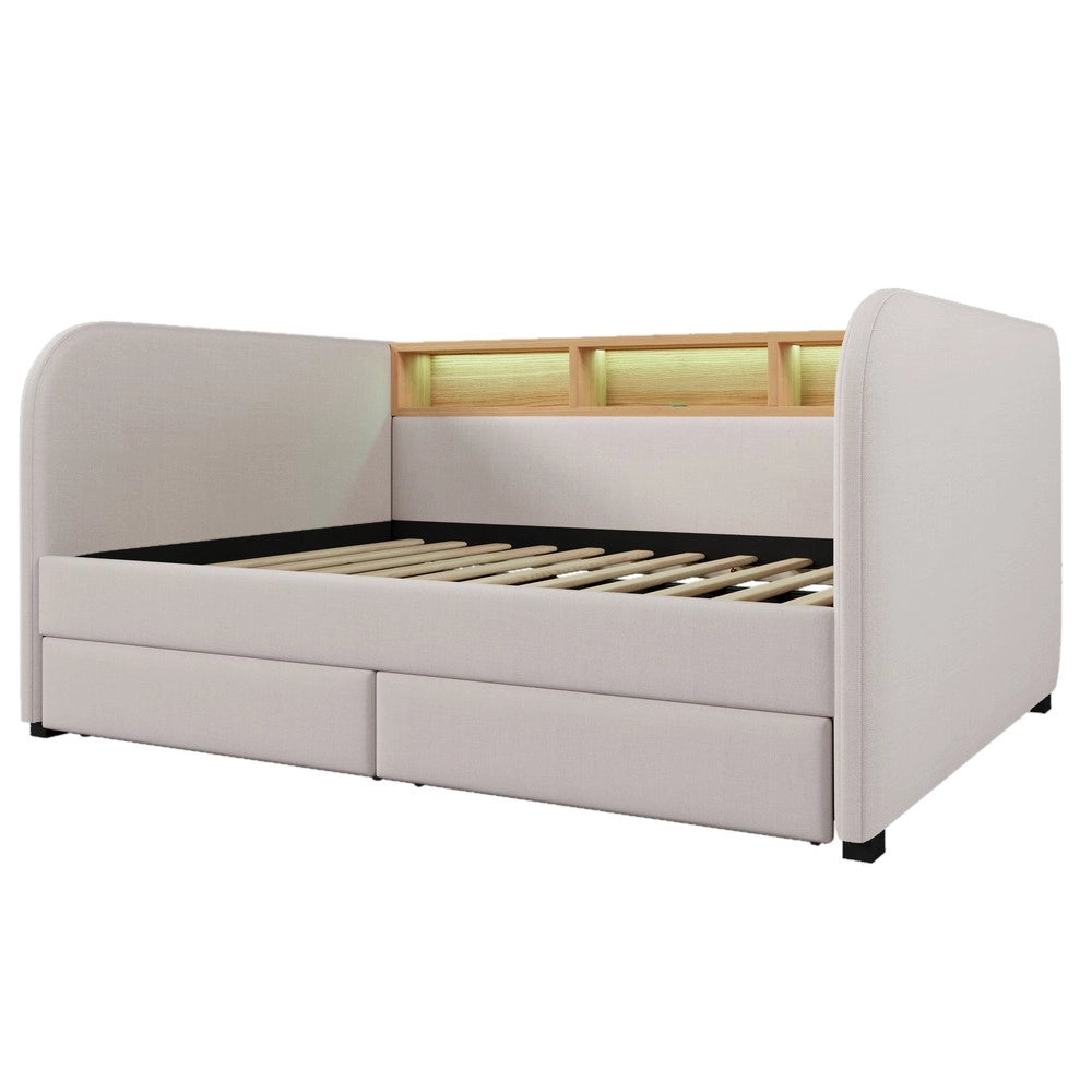 Letto Imbottito Contenitore con LED e 2 Cassetti ¨C Xylo ¨C Tessuto Beige Chiaro 140x190