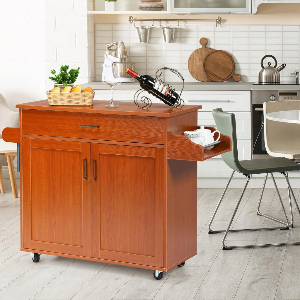 Carrello da Cucina con Ruote di Gomma, Scaffale per Microonde Carrello Servizio, Mobile Cucina con Ripiani e Ante, Credenza Cucina Legno Moderno Elegante, 116 x 37 x 85 cm (Marrone)