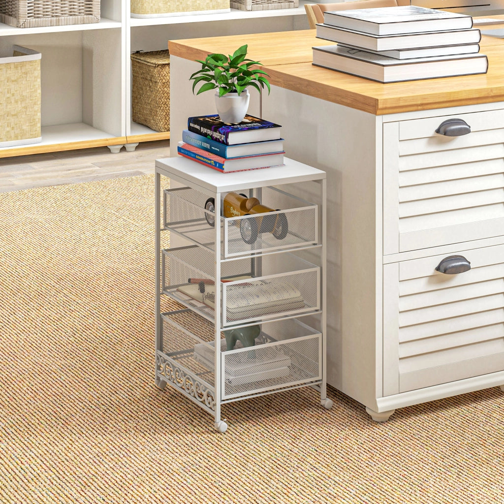 Carrello multiuso 3 ripiani con ruote e cestini ¨C Xylo ¨C Bianco 34x29,5x57,5cm