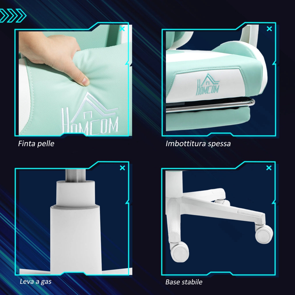Sedia da Gaming Reclinabile con Poggiapiedi ¨C Xylo ¨C Finta Pelle Bianco e Blu 65x62x116-124cm