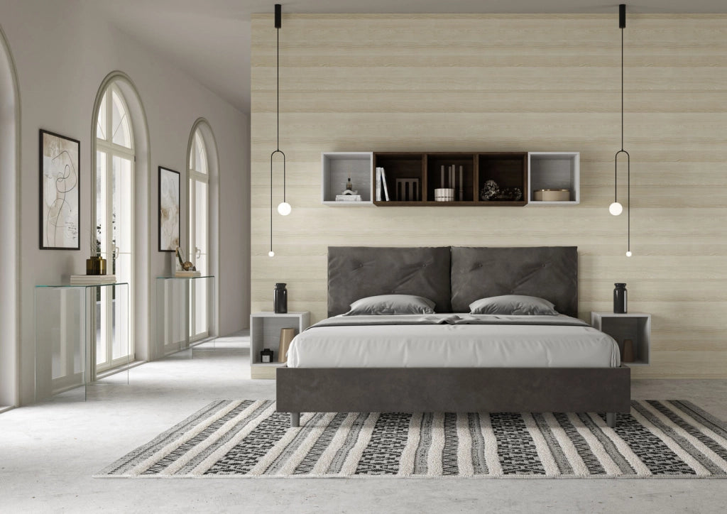 BS COM Letto matrimoniale king size senza rete imbottito 190x190 microfibra grigio Large