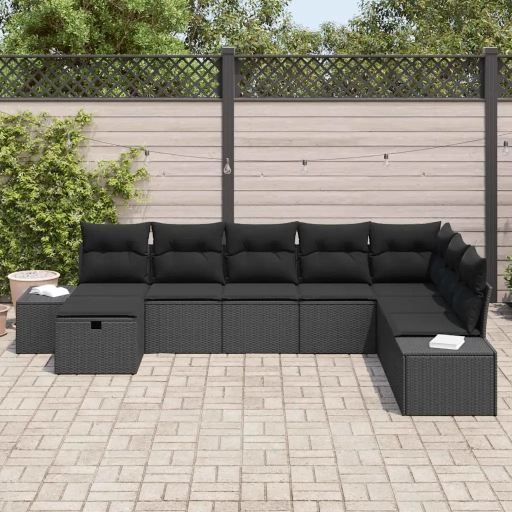 Set Divano da Giardino con cuscino 8 pcs Nero Poly Rattan