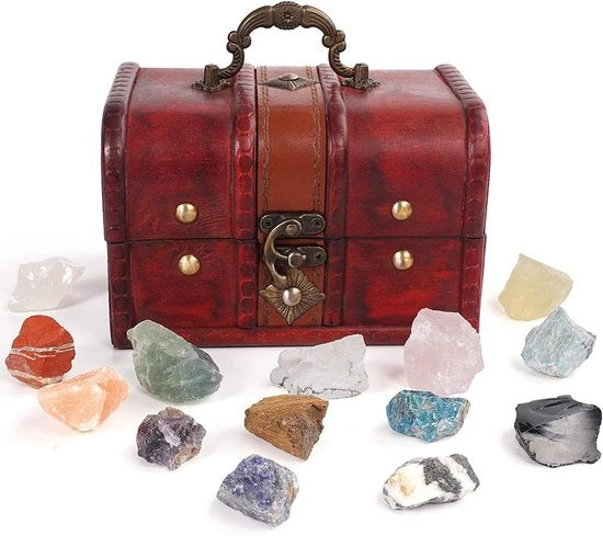 Set di cristalli e pietre curative regalo - Scatola in legno retro - Cristalli energetici - Meditazione - Yoga - Wicca - Pendolo - Pietre della fonte - Decorazione - Lustraggio - Amica - Iniziante - Adatto a tutte le età - Colori naturali